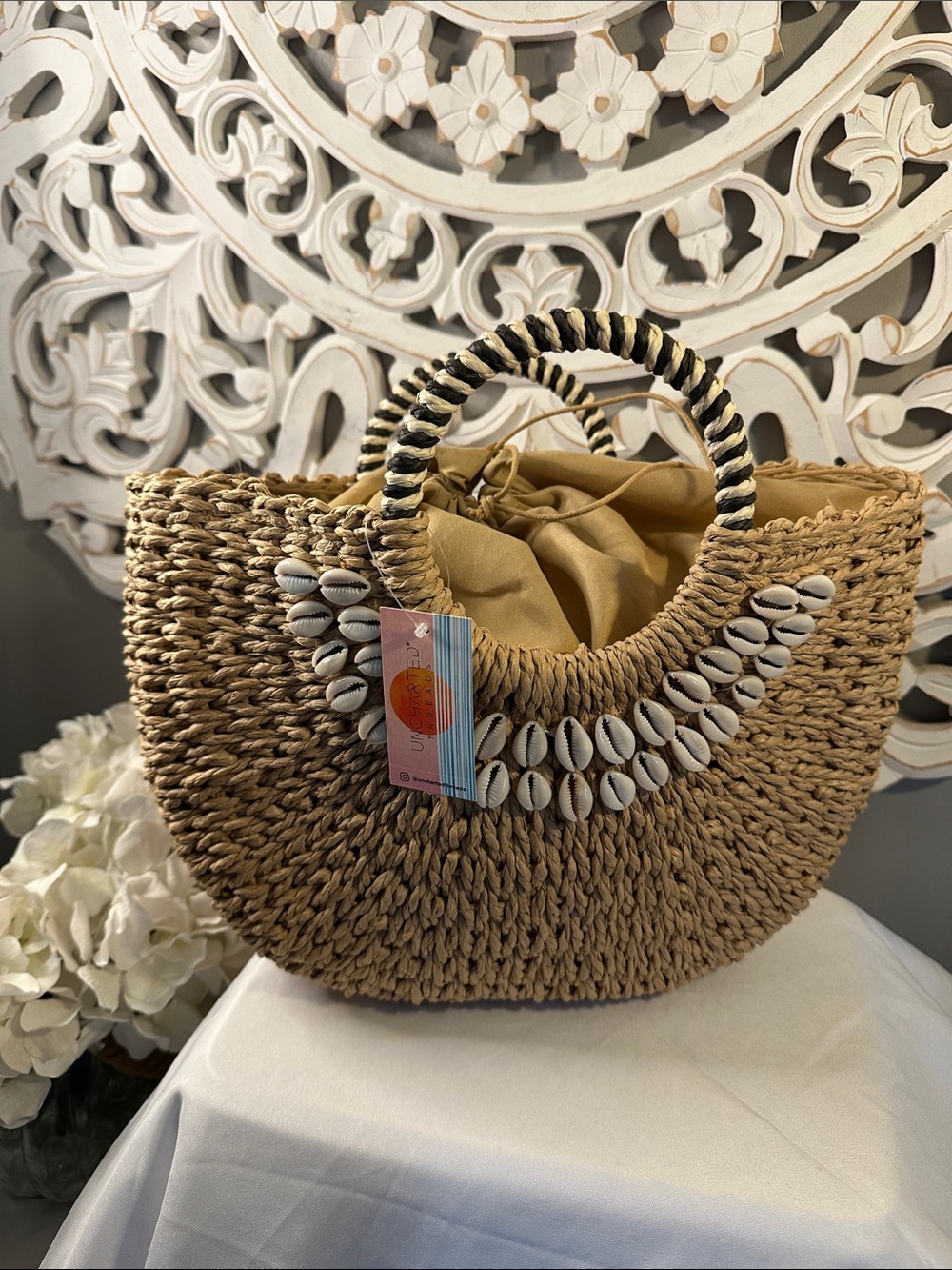 Handwoven Straw Tote with Shell Accent - Natural